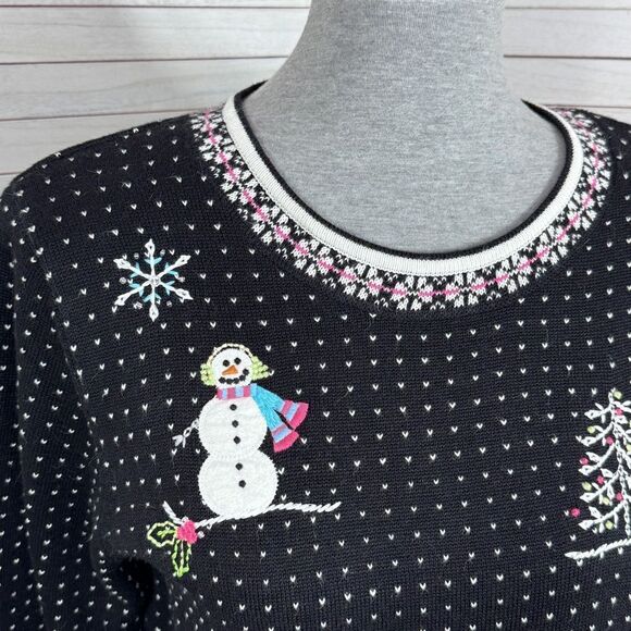 Alfred Dunner Embroidered Snowman Polka Dot Holiday Christmas Sweater Black S - Picture 5 of 11